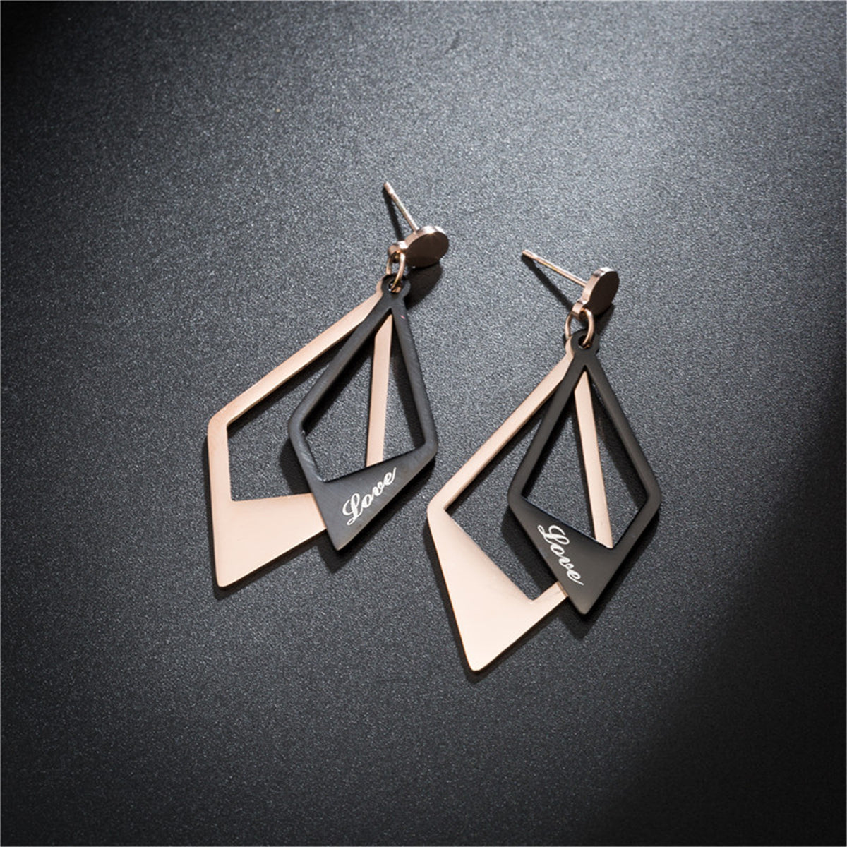 Black Acrylic and 18K Rose Gold-Plated 'Love' Stacked Rhombus Drop Earrings, rose gold drop earrings for..., lifestyle look