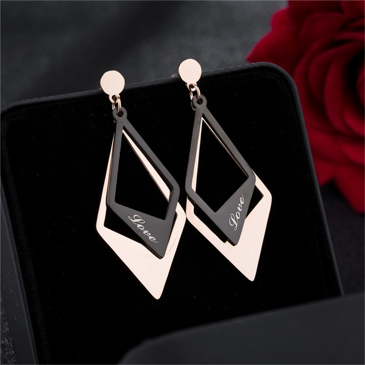Black Acrylic and 18K Rose Gold-Plated 'Love' Stacked Rhombus Drop Earrings, rose gold drop earrings for women, styled look