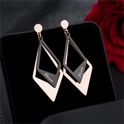 Black Acrylic and 18K Rose Gold-Plated 'Love' Stacked Rhombus Drop Earrings, rose gold drop earrings for women, styled look