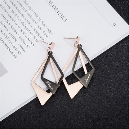 Black Acrylic and 18K Rose Gold-Plated 'Love' Stacked Rhombus Drop Earrings, rose gold drop earrings for women, side view