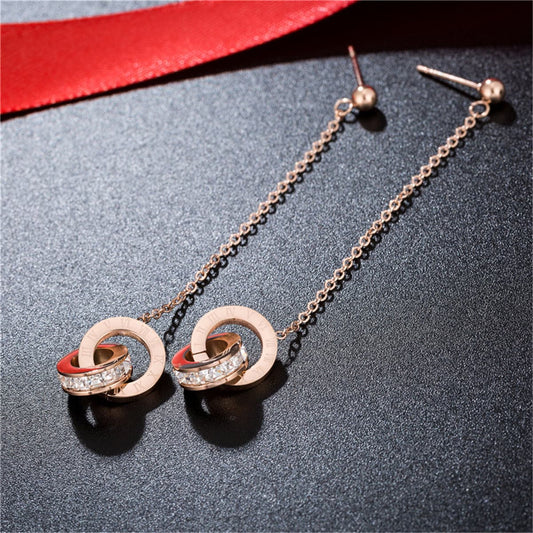 Clear Crystal and 18K Rose Gold-Plated Interlocked Roman Numeral Drop Earrings, rose gold drop earrings for women, front view