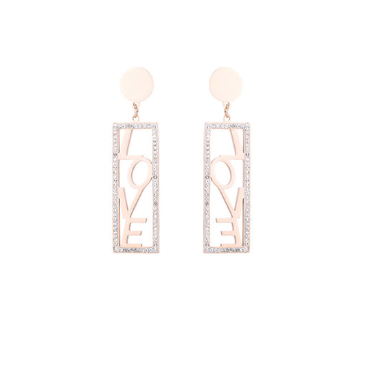 Cubic Zirconia and 18K Rose Gold-Plated 'Love' Rectangle Drop Earrings, rose gold drop earrings for women, front view