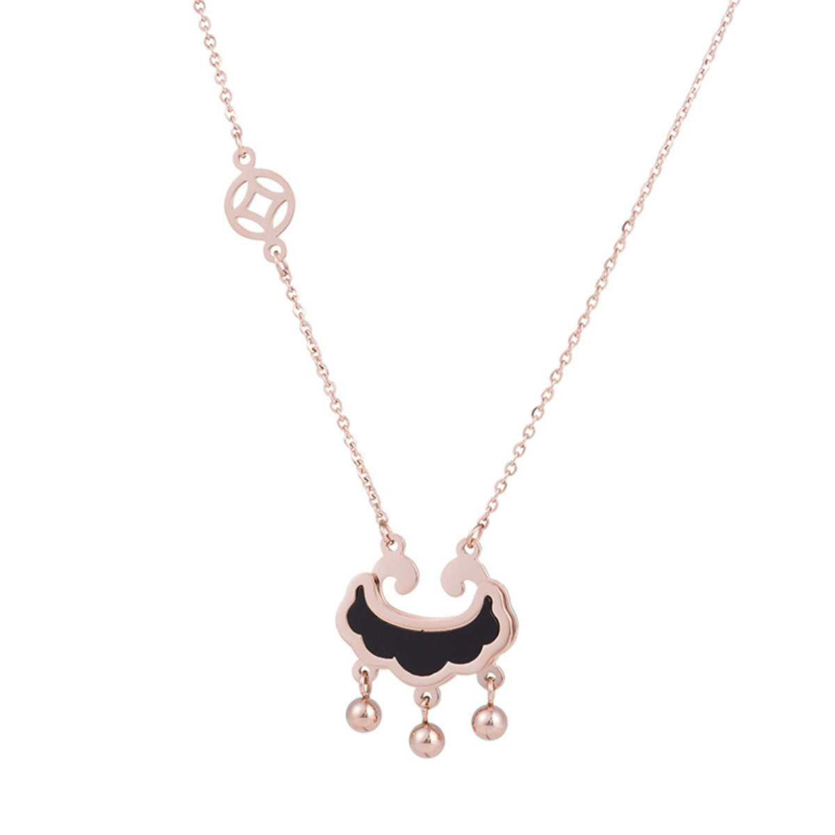 Black Acrylic and 18K Rose Gold-Plated Lock Of Longevity Abstract Pendant Necklace, rose gold pendant..., front view