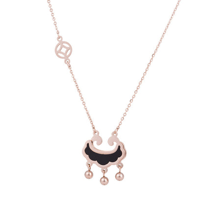 Black Acrylic and 18K Rose Gold-Plated Lock Of Longevity Abstract Pendant Necklace, rose gold pendant..., front view