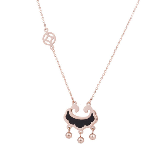 Black Acrylic and 18K Rose Gold-Plated Lock Of Longevity Abstract Pendant Necklace, rose gold pendant..., front view