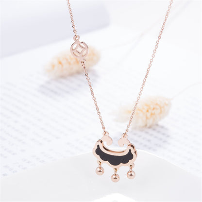 Black Acrylic and 18K Rose Gold-Plated Lock Of Longevity Abstract Pendant Necklace, rose gold pendant..., detail close-up