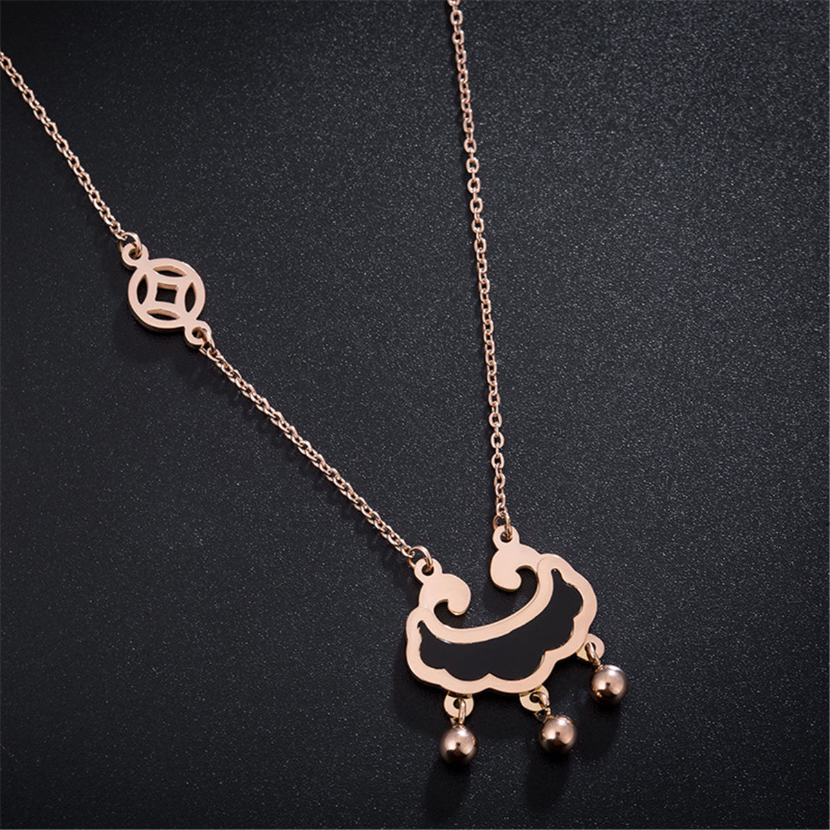 Black Acrylic and 18K Rose Gold-Plated Lock Of Longevity Abstract Pendant Necklace, rose gold pendant..., lifestyle look