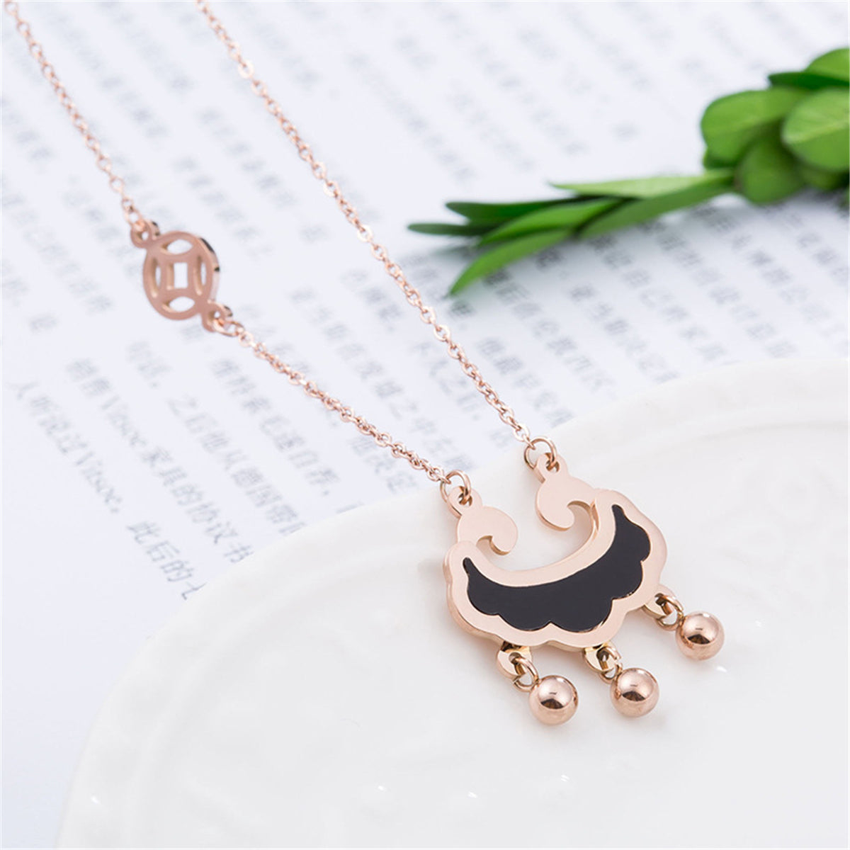 Black Acrylic and 18K Rose Gold-Plated Lock Of Longevity Abstract Pendant Necklace, rose gold pendant..., styled look