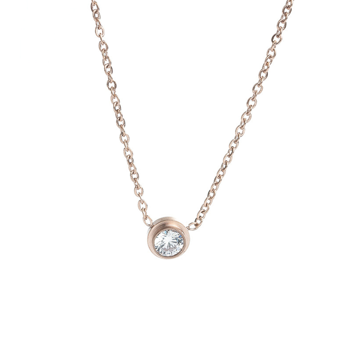 Cubic Zirconia and 18K Rose Gold-Plated Round Pendant Necklace, rose gold pendant necklace for women, front view