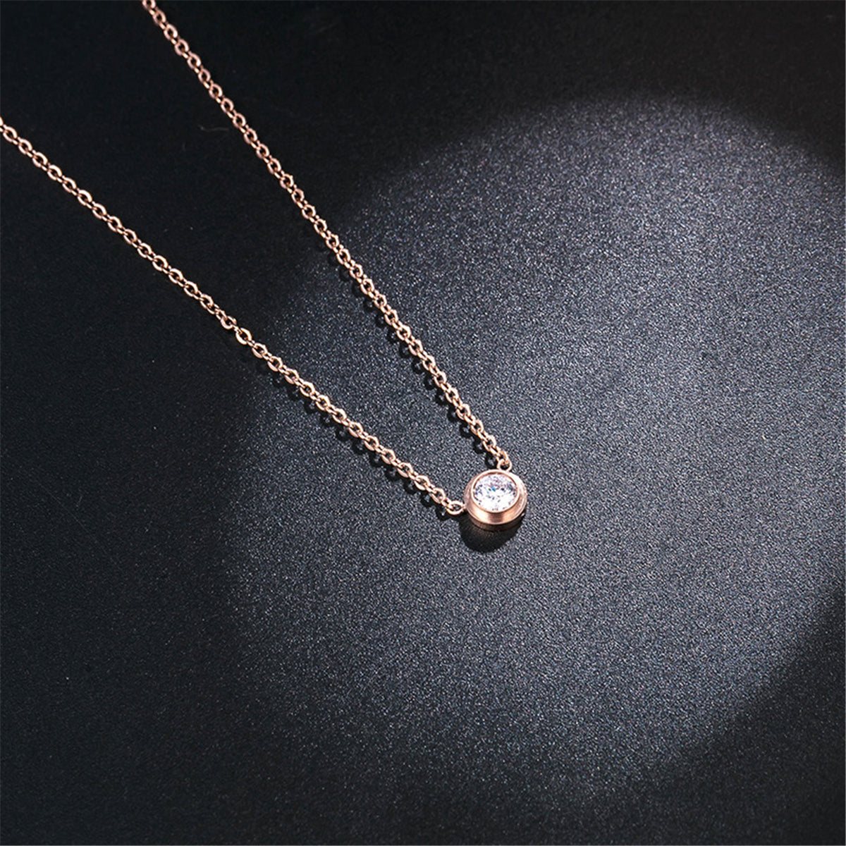 Cubic Zirconia and 18K Rose Gold-Plated Round Pendant Necklace, rose gold pendant necklace for women, detail close-up
