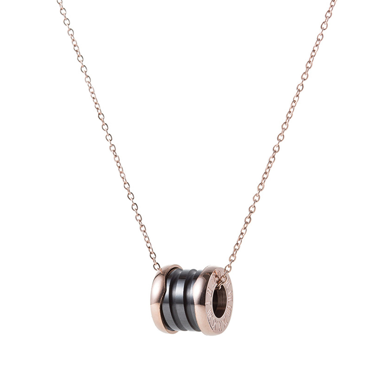 Black Ceramic and 18K Rose Gold-Plated Coil Pendant Necklace, rose gold pendant necklace for women, front view