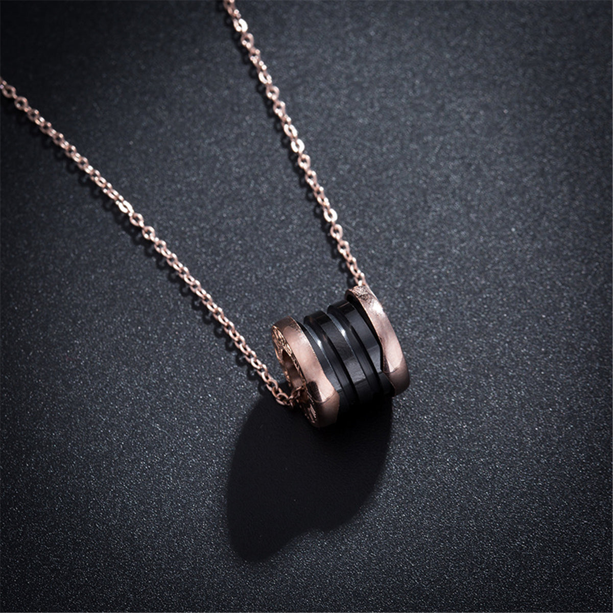 Black Ceramic and 18K Rose Gold-Plated Coil Pendant Necklace, rose gold pendant necklace for women, side view