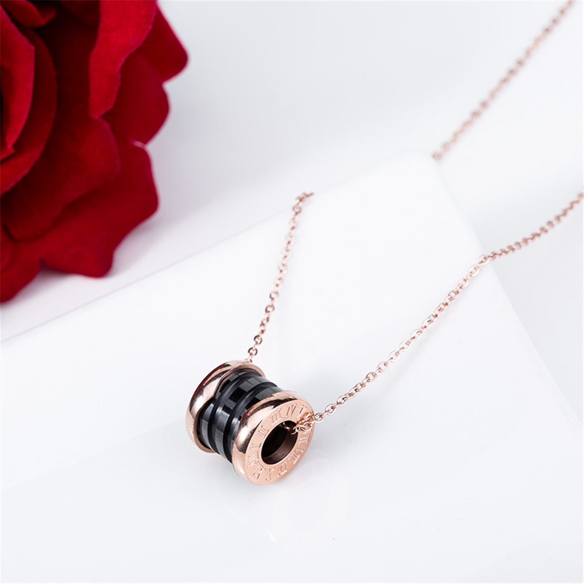 Black Ceramic and 18K Rose Gold-Plated Coil Pendant Necklace, rose gold pendant necklace for women, lifestyle look