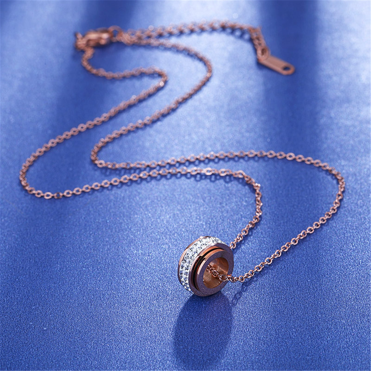 Clear Cubic Zirconia and 18K Rose Gold-Plated Ring Pendant Necklace, rose gold pendant necklace for women, detail close-up