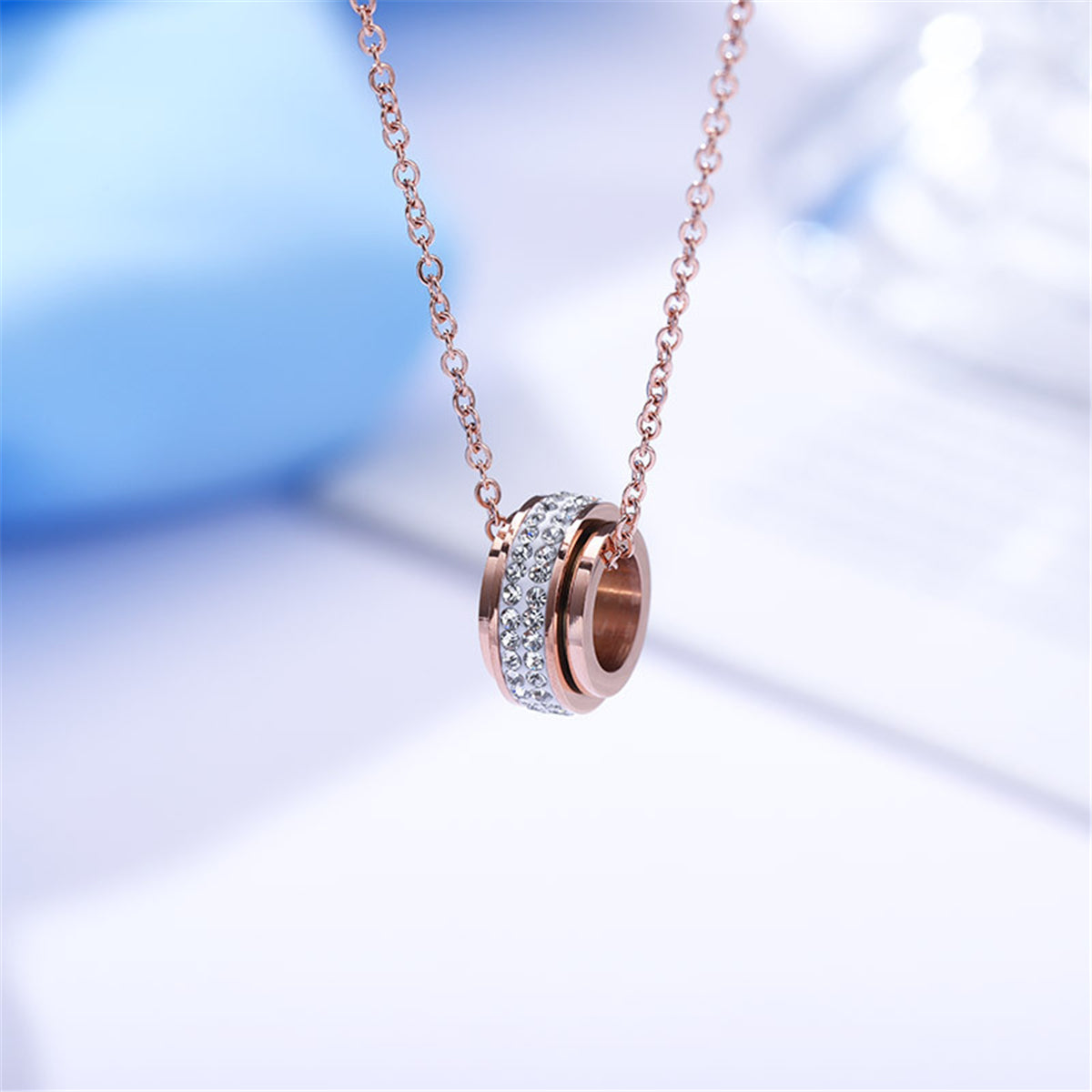 Clear Cubic Zirconia and 18K Rose Gold-Plated Ring Pendant Necklace, rose gold pendant necklace for women, lifestyle look