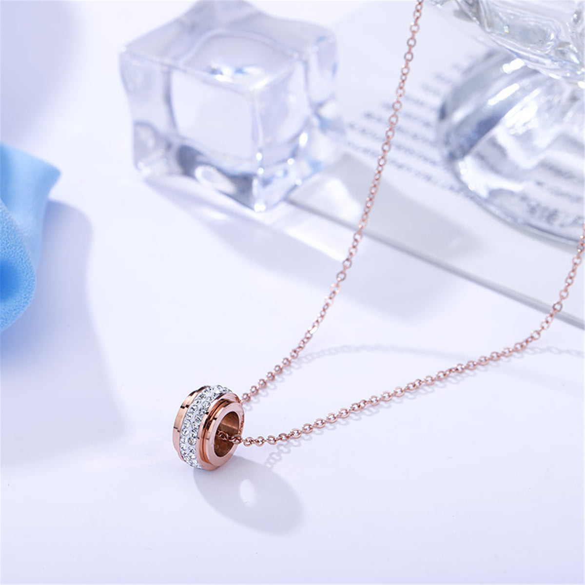 Clear Cubic Zirconia and 18K Rose Gold-Plated Ring Pendant Necklace, rose gold pendant necklace for women, side view