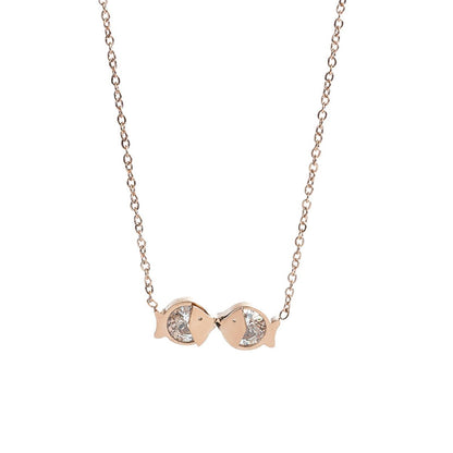 Clear Cubic Zirconia and 18K Rose Gold-Plated Double-Fish Pendant Necklace, rose gold pendant necklace for women, front view