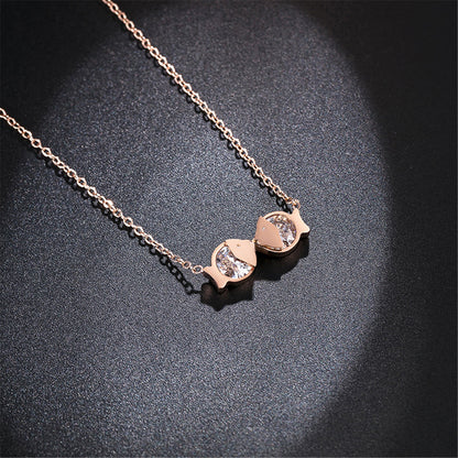 Clear Cubic Zirconia and 18K Rose Gold-Plated Double-Fish Pendant Necklace, rose gold pendant necklace..., detail close-up