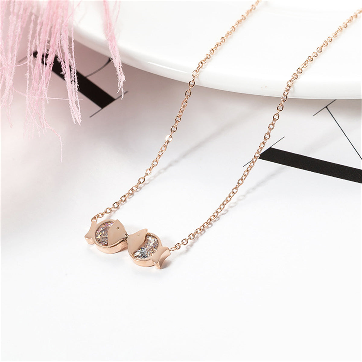 Clear Cubic Zirconia and 18K Rose Gold-Plated Double-Fish Pendant Necklace, rose gold pendant necklace..., lifestyle look