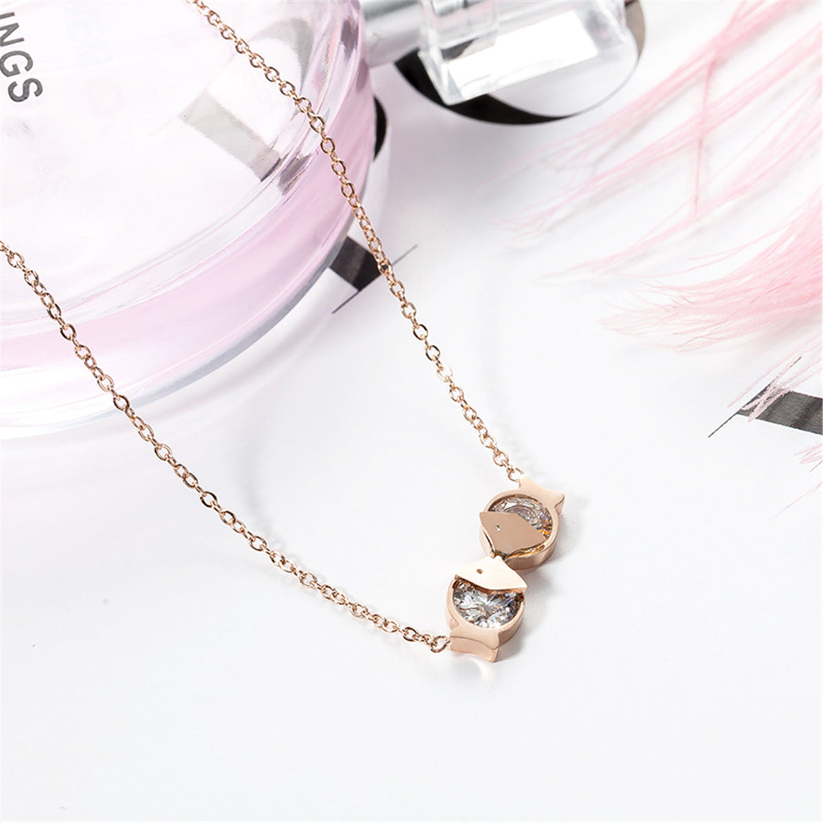 Clear Cubic Zirconia and 18K Rose Gold-Plated Double-Fish Pendant Necklace, rose gold pendant necklace for women, side view