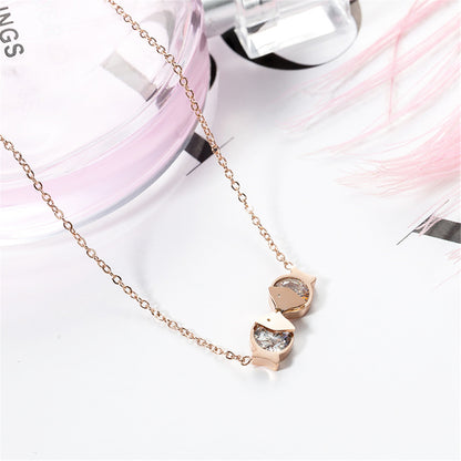 Clear Cubic Zirconia and 18K Rose Gold-Plated Double-Fish Pendant Necklace, rose gold pendant necklace for women, side view