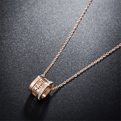 Cubic Zirconia and 18K Rose Gold-Plated Roman Numeral Pendant Necklace, rose gold pendant necklace for women, front view