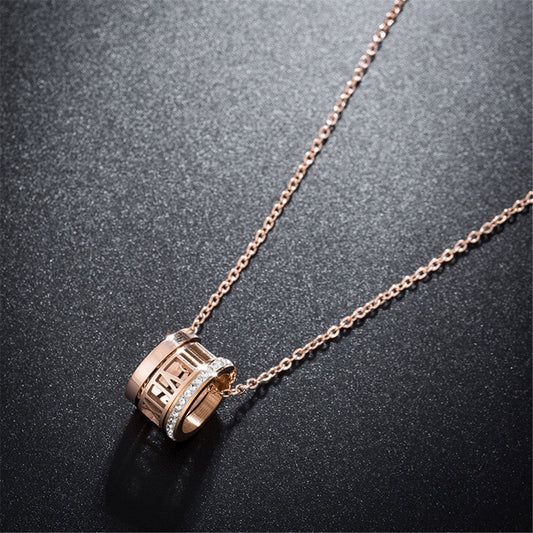 Cubic Zirconia and 18K Rose Gold-Plated Roman Numeral Pendant Necklace, rose gold pendant necklace for women, front view