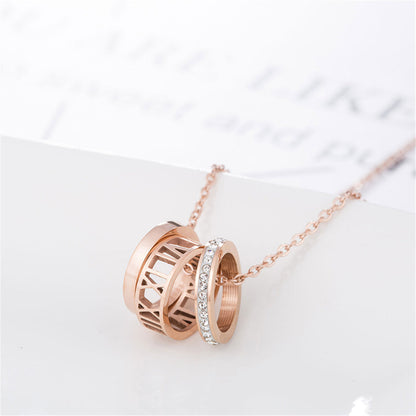 Cubic Zirconia and 18K Rose Gold-Plated Roman Numeral Pendant Necklace, rose gold pendant necklace for women, detail close-up