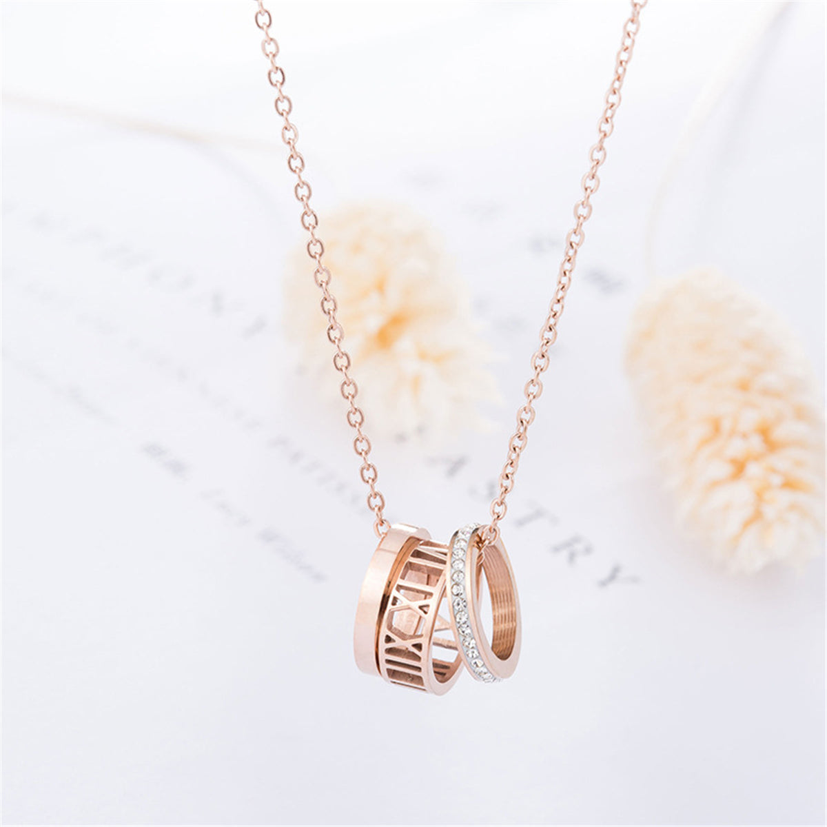 Cubic Zirconia and 18K Rose Gold-Plated Roman Numeral Pendant Necklace, rose gold pendant necklace for women, lifestyle look