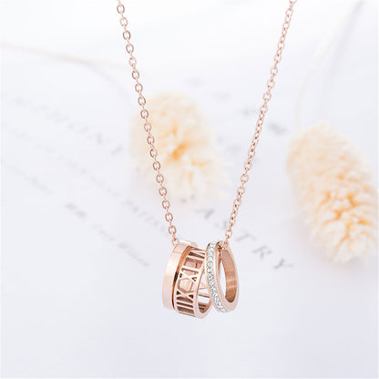 Cubic Zirconia and 18K Rose Gold-Plated Roman Numeral Pendant Necklace, rose gold pendant necklace for women, lifestyle look