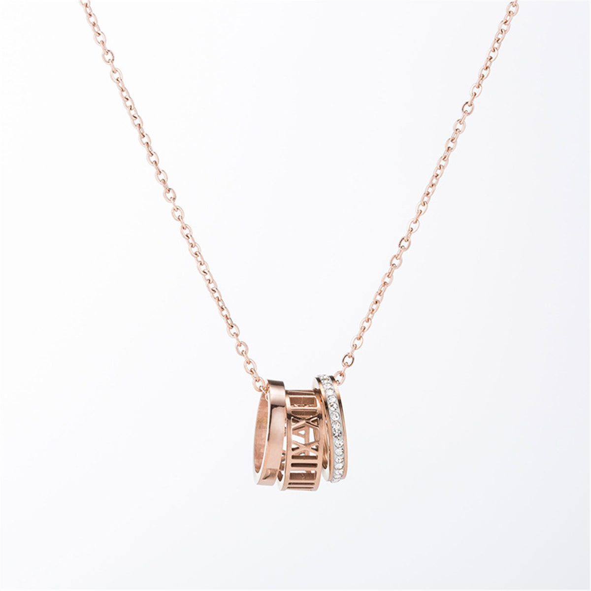 Cubic Zirconia and 18K Rose Gold-Plated Roman Numeral Pendant Necklace, rose gold pendant necklace for women, side view