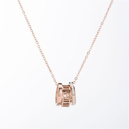 Cubic Zirconia and 18K Rose Gold-Plated Roman Numeral Pendant Necklace, rose gold pendant necklace for women, side view