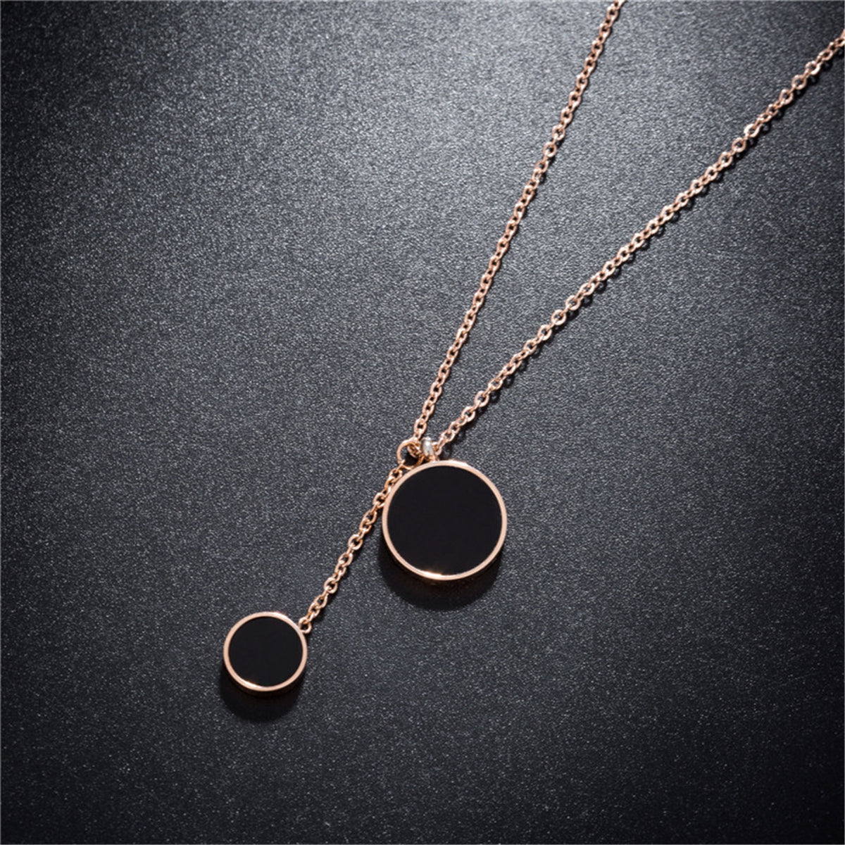 Black Acrylic and 18K Rose Gold-Plated Double Round Lariat Pendant Necklace, rose gold pendant necklace for women, front view