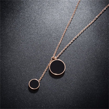 Black Acrylic and 18K Rose Gold-Plated Double Round Lariat Pendant Necklace, rose gold pendant necklace for women, front view