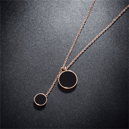 Black Acrylic and 18K Rose Gold-Plated Double Round Lariat Pendant Necklace, rose gold pendant necklace for women, front view