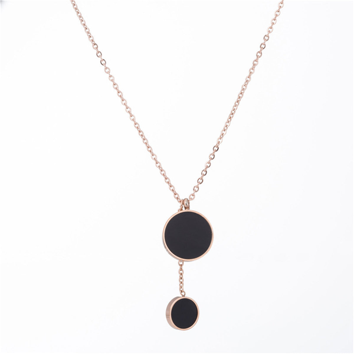 Black Acrylic and 18K Rose Gold-Plated Double Round Lariat Pendant Necklace, rose gold pendant necklace..., detail close-up