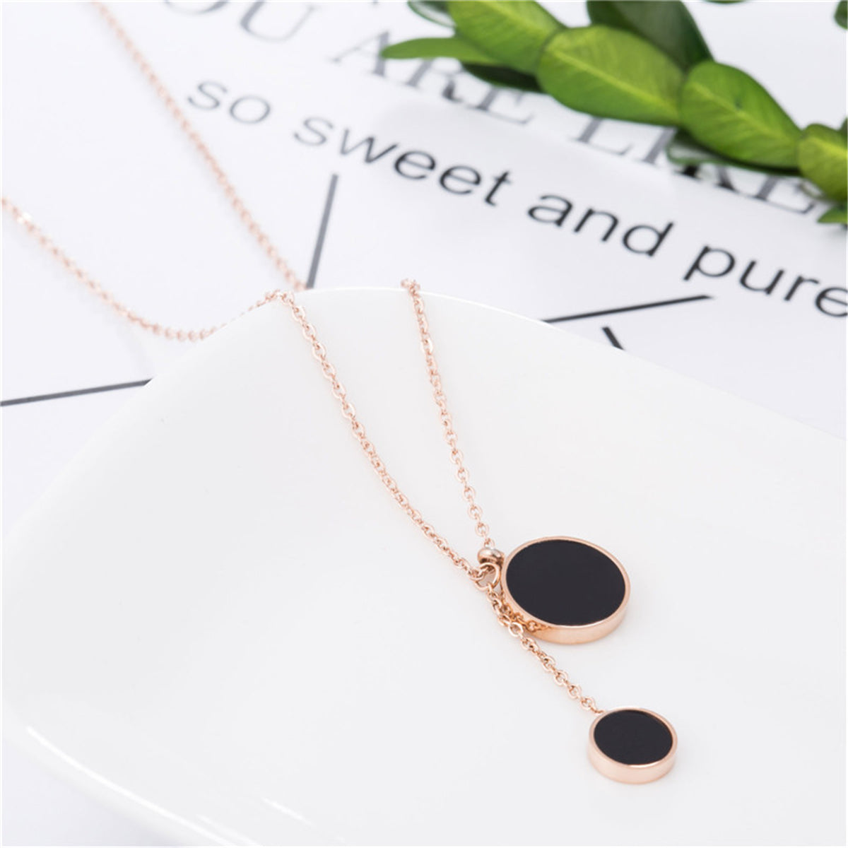 Black Acrylic and 18K Rose Gold-Plated Double Round Lariat Pendant Necklace, rose gold pendant necklace..., lifestyle look