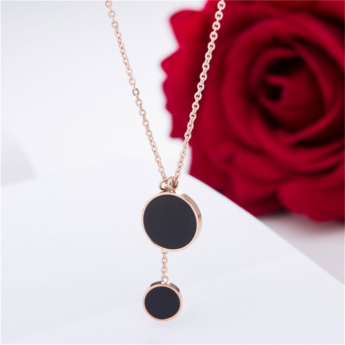 Black Acrylic and 18K Rose Gold-Plated Double Round Lariat Pendant Necklace, rose gold pendant necklace for..., styled look