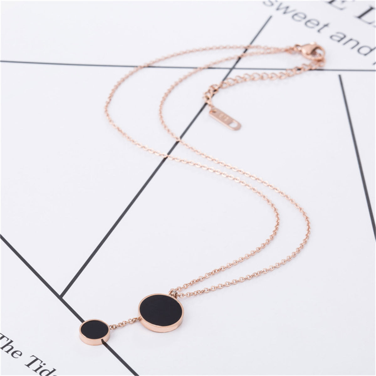 Black Acrylic and 18K Rose Gold-Plated Double Round Lariat Pendant Necklace, rose gold pendant necklace for women, side view