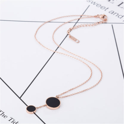 Black Acrylic and 18K Rose Gold-Plated Double Round Lariat Pendant Necklace, rose gold pendant necklace for women, side view