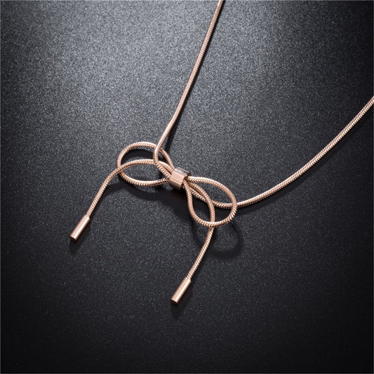 18K Rose Gold-Plated Bow Pendant Necklace, rose gold pendant necklace for women, vintage-inspired design, front view