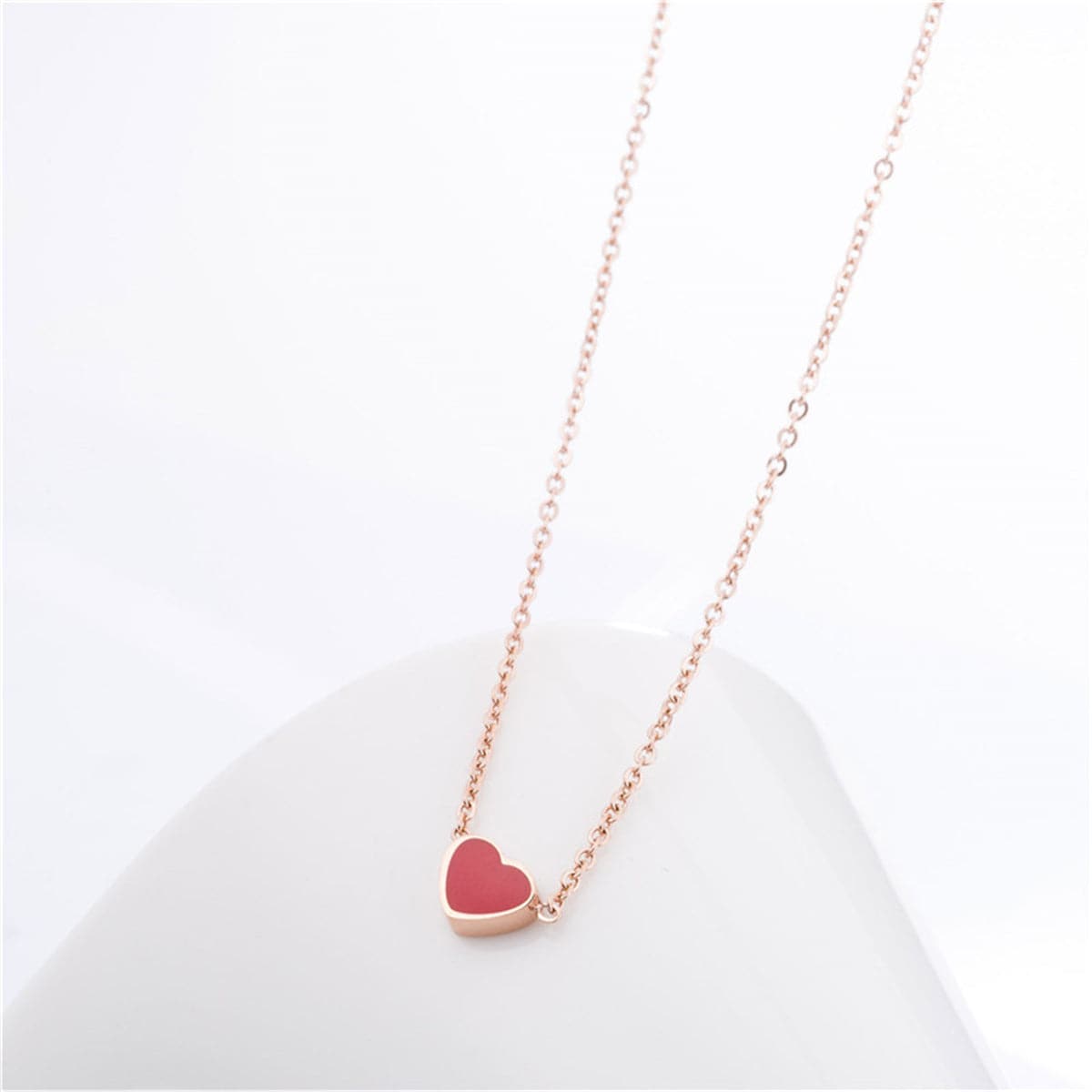 Red Enamel and 18K Rose Gold-Plated Heart Pendant Necklace, rose gold pendant necklace for women, side view