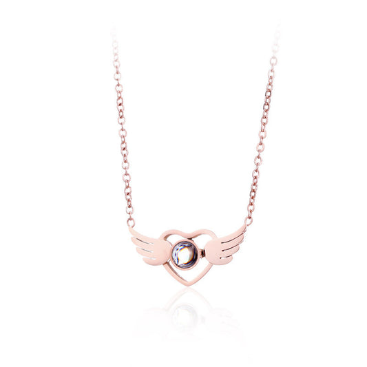 Glass and 18K Rose Gold-Plated Heart Wings Pendant Necklace, rose gold pendant necklace for women, front view
