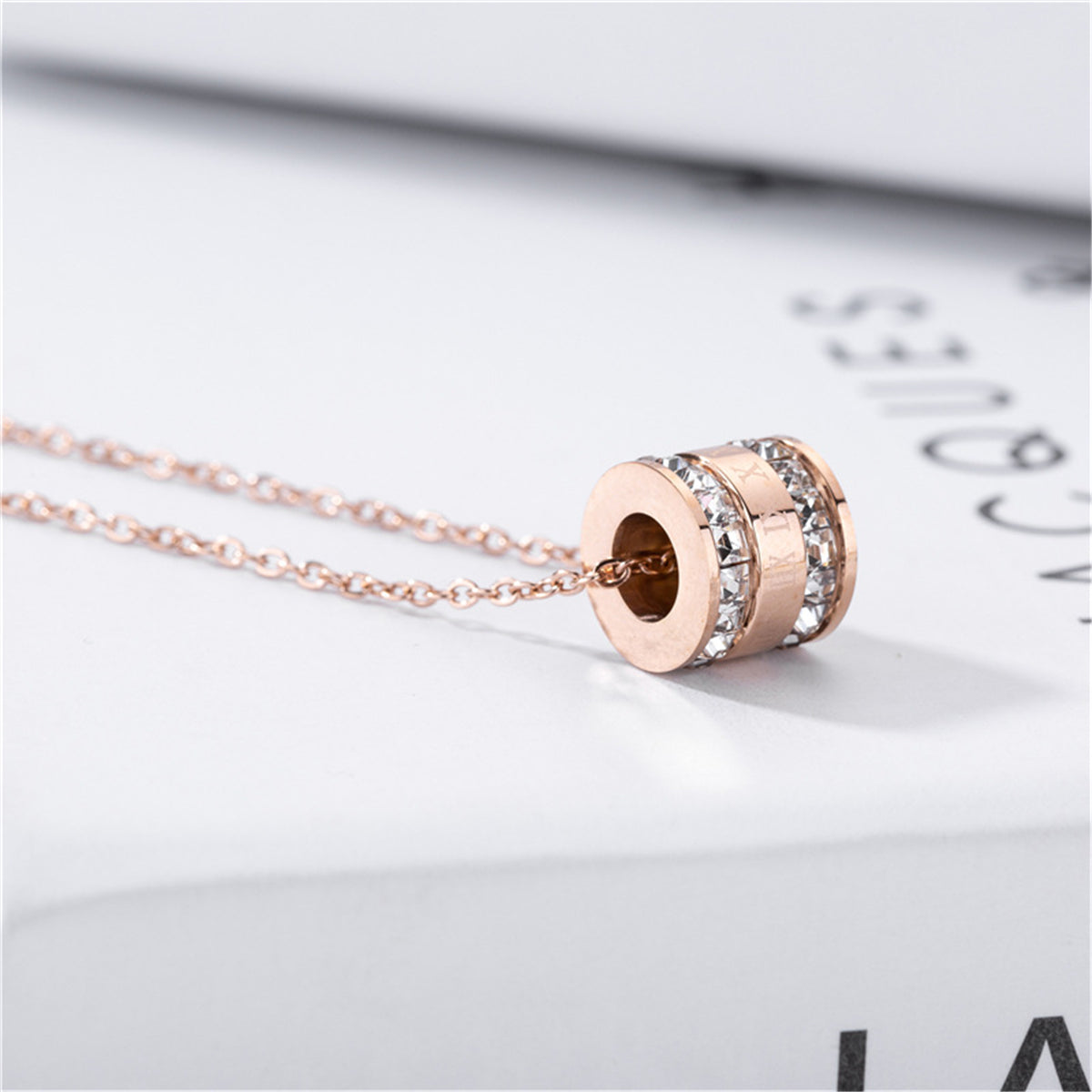 Crystal and 18K Rose Gold-Plated Roman Numeral Pendant Necklace, rose gold pendant necklace for women, lifestyle look