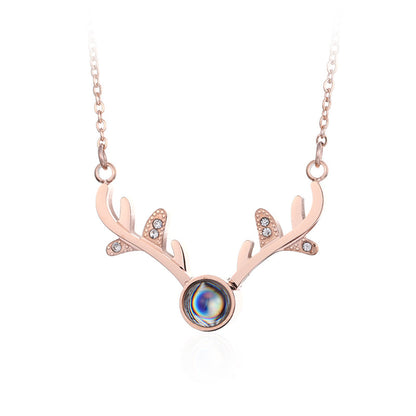 Cubic Zirconia and 18K Rose Gold-Plated Antler Pendant Necklace, rose gold pendant necklace for women, front view