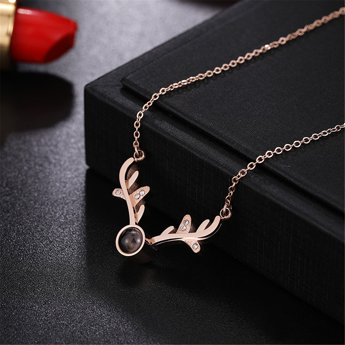 Cubic Zirconia and 18K Rose Gold-Plated Antler Pendant Necklace, rose gold pendant necklace for women, detail close-up