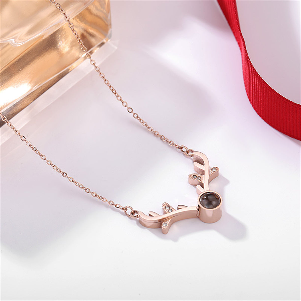 Cubic Zirconia and 18K Rose Gold-Plated Antler Pendant Necklace, rose gold pendant necklace for women, lifestyle look