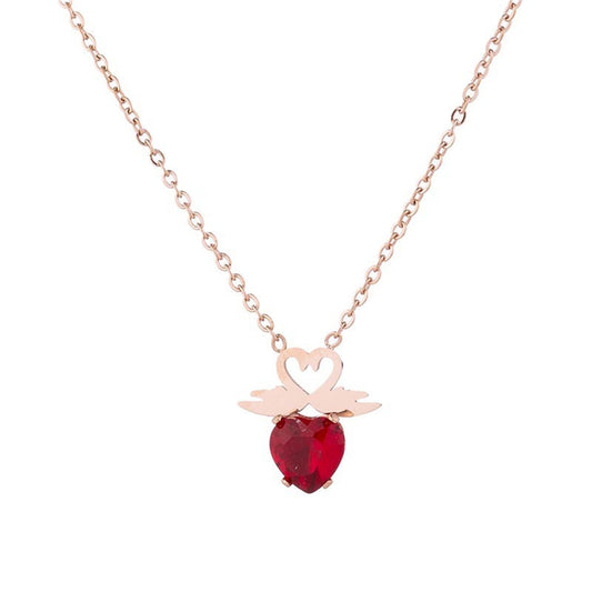 Red Crystal and 18K Rose Gold-Plated Swan Heart Pendant Necklace, rose gold pendant necklace for women, front view