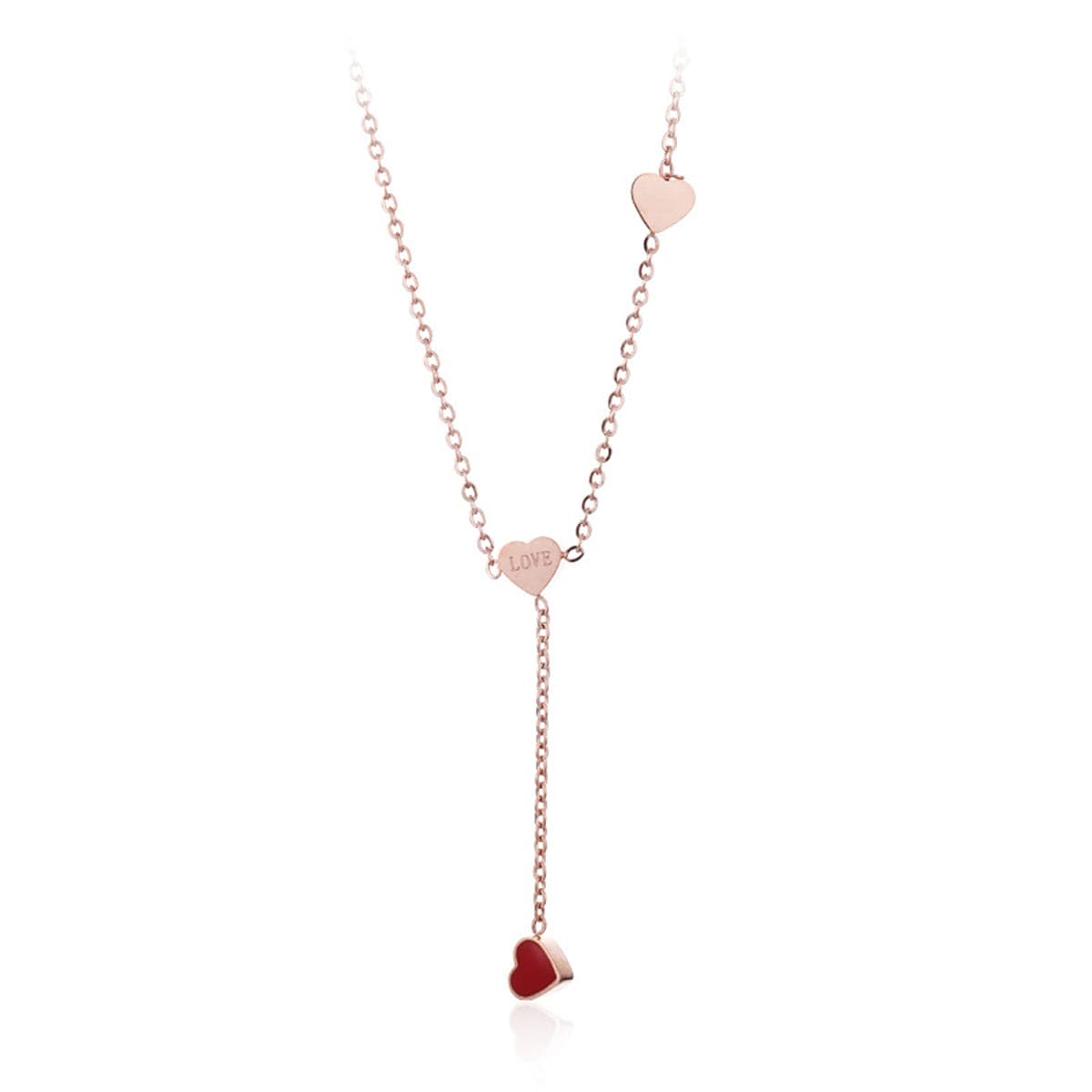 Red Enamel and 18K Rose Gold-Plated Heart Lariat Necklace, rose gold pendant necklace for women, front view