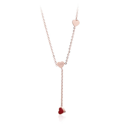 Red Enamel and 18K Rose Gold-Plated Heart Lariat Necklace, rose gold pendant necklace for women, front view